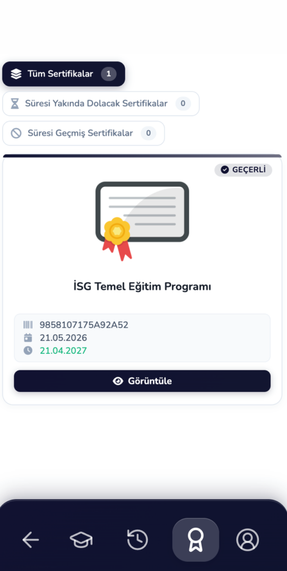 İSG sertifika ekranı